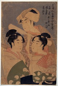 Artistes du festival Niwaka - Os artistas do festival Niwaka par Utamaro, Kitagawa (1753-1806), c. 1795 - Corte de madeira colorido, 38,6x25,7 - Coleção Particular de Kitagawa Utamaro