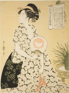 Beleza vestindo um quimono de verão, da série “New Patterns of Brocade Woven in Utamaro Style” (“Nishiki-ori Utamaro-gata-shinmoyo”) de Kitagawa Utamaro