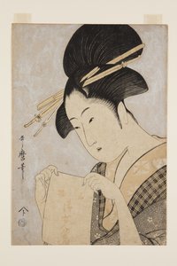 Beleza com uma toalha de mão (impressão em bloco de madeira a cores) de Kitagawa Utamaro