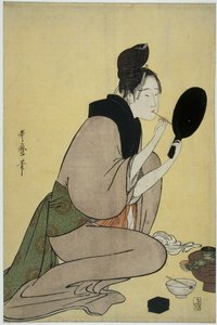Bijin-ga. Garota aplicar maquiagem nos lábios de Kitagawa Utamaro