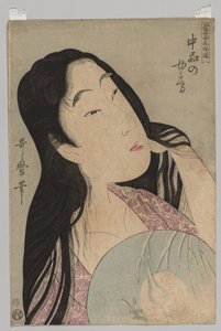 Busto de mulher com cabelo solto segurando ventilador de Kitagawa Utamaro