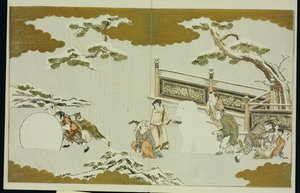 Crianças fazendo um shishi na neve e rolando uma bola de neve, do "The Silver World" de Kitagawa Utamaro