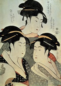 Grande plano de uma pintura de três mulheres, Kitagawa Utamaro, era Kansei, Japão de Kitagawa Utamaro