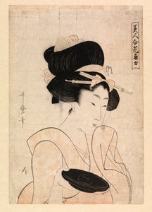 Cortesã segurando uma chávena de saqué, c.1790-1806 (xilogravura a cores) de Kitagawa Utamaro