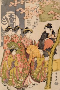 Cortesãs passeando sob cerejeiras antes do Daiko, c.1789 (oban tate-e impressão em xilogravura, cor sobre papel) (detalhe de 203664) de Kitagawa Utamaro