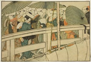 Atravessando uma ponte no verão, do livro ilustrado "Livro ilustrado: Flores das quatro estações (Ehon shiki no hana)", vol. 1 de Kitagawa Utamaro