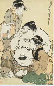Daidozan Bungoro, o prodígio infantil, recebe chá e biscoitos de garçonetes rivais de Kitagawa Utamaro