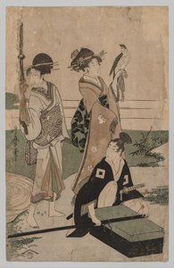 Daimyō e seu séquito cruzando um riacho na planície perto de Fuji de Kitagawa Utamaro