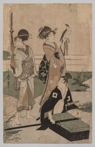 Daimyō e seu séquito cruzando um riacho na planície perto de Fuji de Kitagawa Utamaro