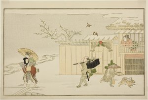 Entregando presentes de ano novo na neve, da antologia kyoka ilustrada "The Young God Ebisu (Waka Ebisu)" de Kitagawa Utamaro