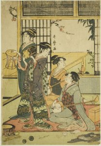 Tambores e Shamisen (xilogravura a cores; aiban) de Kitagawa Utamaro