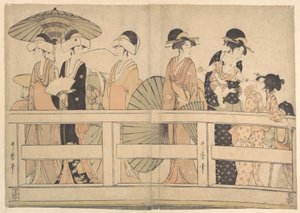 A desfrutar da brisa fresca do fim de tarde em cima e debaixo da ponte de Kitagawa Utamaro