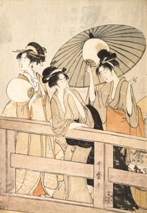Desfrutando do Cool Evening Breeze on and under the Bridge, ca. 1800. de Kitagawa Utamaro