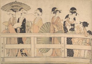 Desfrutando do Cool Evening Breeze na... a Ponte, ca. 1800. de Kitagawa Utamaro