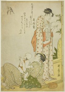 Ensaki no Yusuzumi: Gênero s Senes com poemas Kyoka, em formato Aiban Carri Aiban Fuzokuzu) de Kitagawa Utamaro