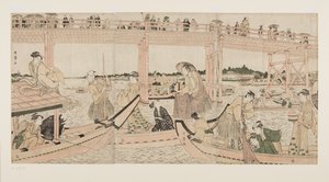 Barcos de Pesca com Redes sob a Ponte Ry?goku (impressão em bloco de madeira a cores) de Kitagawa Utamaro