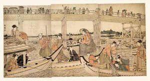 Barcos de pesca com redes sob a ponte Ryōgoku de Kitagawa Utamaro