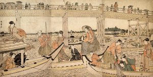 Barcos de pesca com redes sob a ponte Ryogoku, década de 1790. de Kitagawa Utamaro