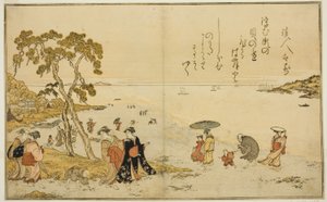 Coletando Conchas na Maré Baixa, do livro ilustrado "Presentes da maré vazante (Shiohi no tsuto)" de Kitagawa Utamaro