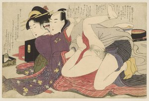 Gueixa em quimono de manga comprida e seu amante Negai no itoguchi (título da série) de Kitagawa Utamaro