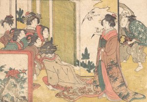 Girls Entertained by Performers, do livro ilustrado Flores das Quatro Estações, 1801. de Kitagawa Utamaro