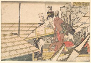 Raparigas a entrar num barco, do livro ilustrado Flores das Quatro Estações de Kitagawa Utamaro