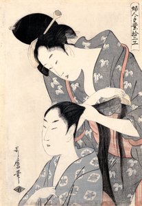 Cabeleireiro (Kamiyui) da série &39;Doze tipos de artesanato feminino (Fujin tewaza juniko)&39; de Kitagawa Utamaro