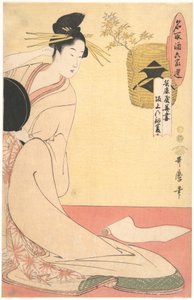 «Hanazuma de Hyōgoya, Kenbishi de Sakagami» da série «Os pares do saquê comparados a distintos habitantes de seis casas» (Natori zake rokkasen: Hyōgoya Hanazuma, Sakagami no Kenbishi) de Kitagawa Utamaro