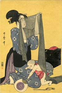 Costura Hari-shigoto. Tríptico, parte esquerda, 1795. de Kitagawa Utamaro