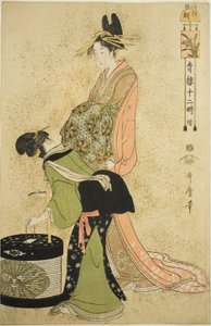 Hora do Galo (Tori no koku), da série "Doze Horas em Yoshiwara (Seiro juni toki tsuzuki)" de Kitagawa Utamaro