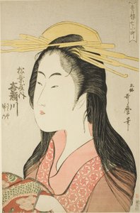 Kisegawa do Matsubaya, [cujos atendentes são] Sasano, Takeno (Matsubaya uchi Kisegawa, Sasano, Takeno), da série “Seven Komachi of Yoshiwara” (“Seiro nana Komachi”) de Kitagawa Utamaro