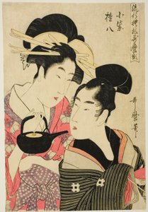 Komurasaki e Gonpachi, da série "Padrões da moda no estilo Utamaro (Ryuko moyo Utamaro-gata)" de Kitagawa Utamaro