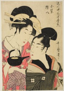 Komurasaki e Gonpachi, da série "Padrões de moda no estilo Utamaro (Ryuko moyo Utamaro-gata)", c.1798-99 (xilogravura a cores; oban) de Kitagawa Utamaro