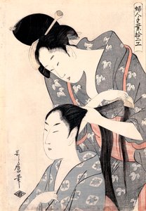 ""La Coiffeuse"" (Cabeleireiro) (Kamiyui) Gravure de Kitagawa Utamaro (1753-1806) - c 1798 - Xilogravura colorida - 38x27,6 - Galeria de Arte do Sul da Austrália de Kitagawa Utamaro