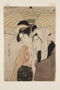 Homem e Mulher Sob um Guarda-chuva (impressão em bloco de madeira a cores) de Kitagawa Utamaro