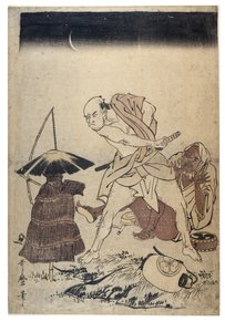 Homem ameaça espantalho em noite escura, c.1758-1806 (xilogravura sem papel) de Kitagawa Utamaro