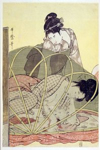 Mãe Bebê Enfermeira sob Mosquiteiro Rede par Utamaro, Kitagawa (1753-1806), c. 1795 - Lenha colorida, 37,6x24,6 - Coleção Particular de Kitagawa Utamaro
