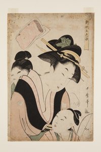 Mãe com Dois Filhos (impressão a cores em bloco de madeira) de Kitagawa Utamaro