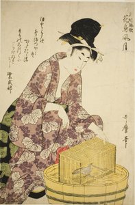 Murasaki Shikibu: Bird, da série "Famous Women and Their Poems on Flowers, Birds, Wind, and Moon (Meifu eika kacho fugetsu)" de Kitagawa Utamaro