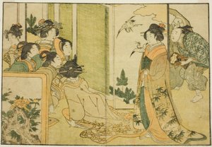 Atuação de Manzai de Ano Novo na Mansão de um Senhor Feudal, do livro ilustrado "Picture Book: Flores das Quatro Estações (Ehon shiki no hana)", vol. 1 de Kitagawa Utamaro