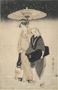 Passagem nocturna na neve de Kitagawa Utamaro