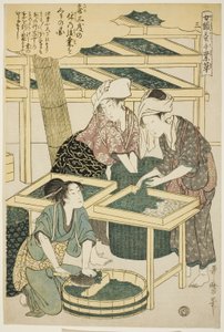 Nº 3 (san), da série "Mulheres engajadas na indústria da sericultura (Joshoku kaiko tewaza-gusa)" de Kitagawa Utamaro