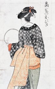 Ohisa da casa de chá Takashima, mulher em quimono com ventilador, estampa de arte ukiyo-e de Kitagawa Utamaro (1753-1806), xilogravura, civilização japonesa, período Edo de Kitagawa Utamaro
