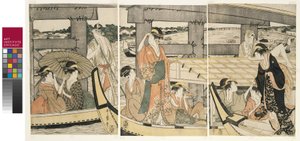 No topo e embaixo da ponte Ryogoku de Kitagawa Utamaro