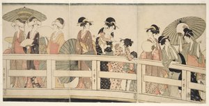 No topo e embaixo da ponte Ryogoku de Kitagawa Utamaro