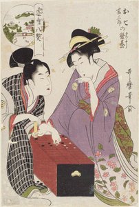 Oshichi e Kichisaburo no Gameboard Oshichi Kichisaburo no bansho, 1800 de Kitagawa Utamaro