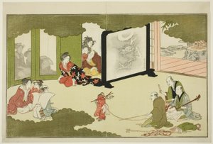 Performance de um macaco treinado, de uma antologia de poesia ilustrada intitulada "The Young God Ebisu (Waka Ebisu)" de Kitagawa Utamaro