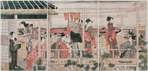 Sechage des vetements - Sechage Clothes par Utamaro, Kitagawa (1753-1806), c. 1790 - Lenha colorida, 37,3x75,8 - Coleção Particular de Kitagawa Utamaro