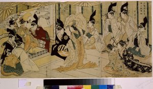 Shizuka Gozen a dançar durante a cerimónia para o santuário de Tsurugaoka Wakamiya. Shizuka Gozen (século XII), dançarina e amante de Minamoto no Yoshitsune (1159-1189). Trabalho de Kitagawa Utamaro (1754-1806), gravura, cerca de 1796. arte japonesa de Kitagawa Utamaro