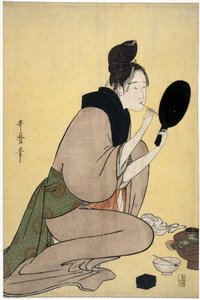 Sur la beaute : femme se maquilant les levres - Bijin-ga. Rapariga aplicando maquilhagem nos lábios par Utamaro, Kitagawa (1753-1806), - Lenhador colorido, 37,7x25,2 - Colecção Particular de Kitagawa Utamaro